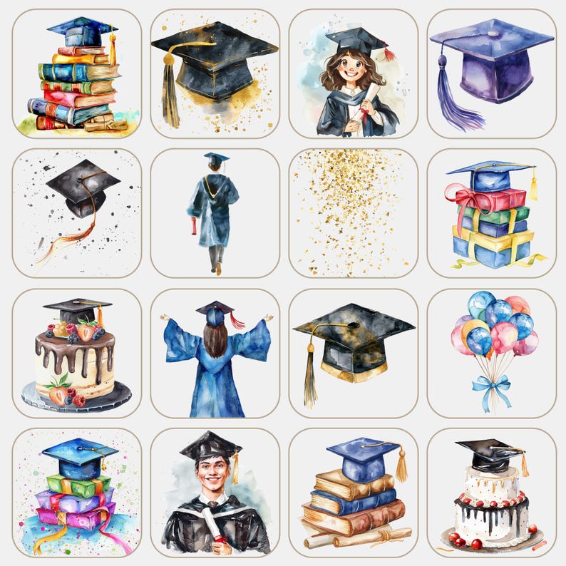 Graduation Watercolor Clipart Bundle | Caps, Diplomas, Party Graphics ...