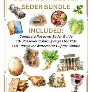 Puede incluir: Una ilustración del Ultimate Passover Seder Bundle con imágenes de acuarela de alimentos y elementos tradicionales de la Pascua. El paquete incluye una Guía completa del Seder de Pascua, 50+ páginas para colorear de Pascua para niños y 140+ imágenes prediseñadas de acuarela de Pascua.