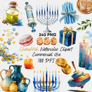 May include: Watercolor clipart of Hanukkah symbols, including a menorah, candles, dreidel, coins, a gift box, and a scroll. The text reads "Chanukkah Watercolor Clipart Commercial Use 300 DPI".