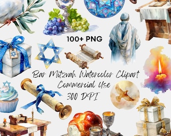 Clipart aquarelle Bar Mitzvah : symboles juifs (téléchargement numérique)