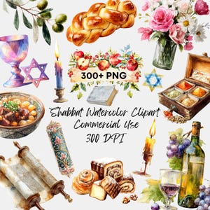 Puede incluir: Clipart de acuarela con varios símbolos de Shabat. Incluye una jalá, velas, una Estrella de David, una botella de vino, una copa, un rollo de la Torá y un ramo de flores. El texto dice "300+ PNG", "Shabbat Watercolor Clipart Commercial Use 300 DPI".