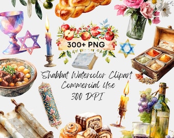 Shabbat Watercolor Clipart: Jewish Holiday PNG Bundle (300+)
