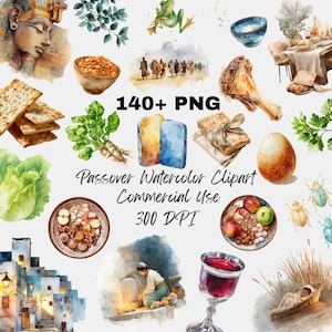 May include: Watercolor clipart set featuring Passover-themed illustrations. Includes images of matzah, a roasted shank bone, a wine glass, and other traditional elements. Text reads "140+ PNG", "Passover Watercolor Clipart Commercial Use 300 DPI".