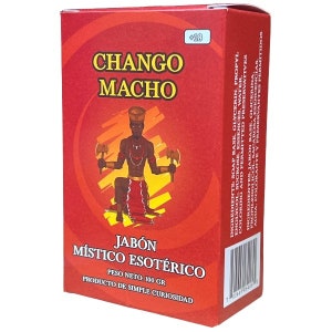 May include: A red box with the words "CHANGO MACHO" in yellow. The box features an illustration of a figure holding axes. The text "JABÓN MÍSTICO ESOTÉRICO" is also visible. The net weight is 100 grams.