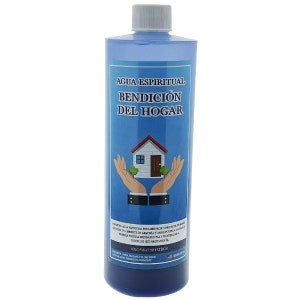 May include: A blue bottle with a white cap, filled with a blue liquid. The label reads "AGUA ESPIRITUAL BENDICIÓN DEL HOGAR" with an image of a house between two hands. The bottom of the label says "SOLO PARA USO EXTERNO".