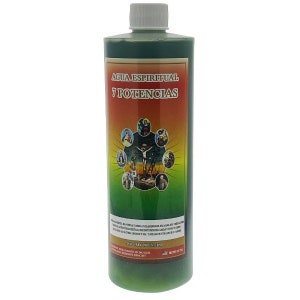 May include: A green glass bottle with a white cap. The label reads "AGUA ESPIRITUAL 7 POTENCIAS" and features a colorful image of a cross and seven saints.