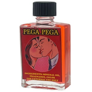 May include: A small, clear glass bottle with a black cap. The bottle is filled with a red liquid. The label on the bottle reads "Pega Pega" in yellow letters. The label also includes a cartoon image of a couple kissing. The ingredients are listed as "Mineral Oil, Fragrance, Color" and "For External Use Only".