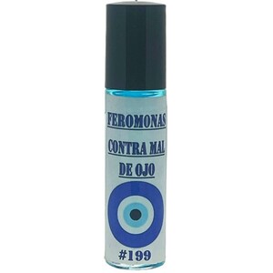 May include: A cylindrical glass bottle with a black cap. The label reads "FEROMONAS CONTRA MAL DE OJO" with a blue eye symbol and the number "#199". The bottle contains a light blue liquid.