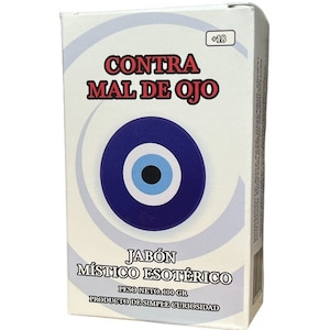 May include: A white box with a blue and white evil eye design. The box is labeled "Contra Mal de Ojo" and "Jabón Místico Esotérico". The box also says "Peso Neto: 100 gr" and "Producto de Simple Curiosidad".