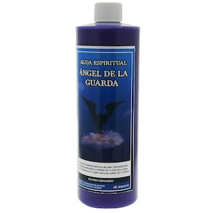 May include: A tall, cylindrical bottle filled with a deep purple liquid. The label features the text "AGUA ESPIRITUAL ANGEL DE LA GUARDA" above an image of an angel. The bottle has a white cap and a dark blue label.