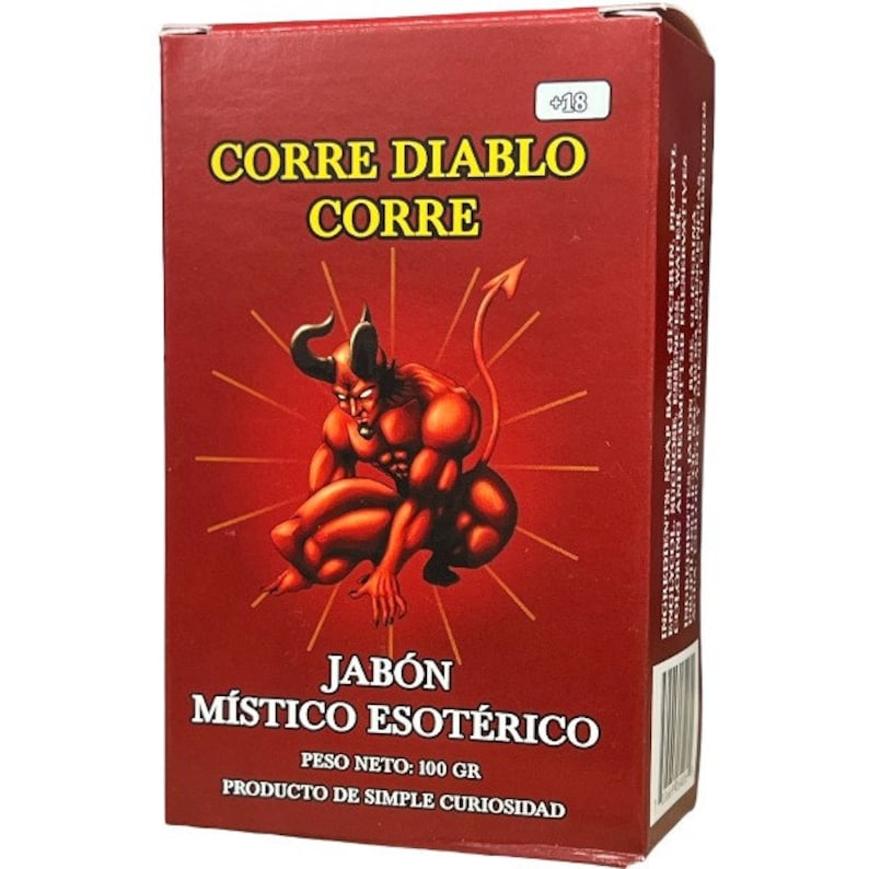 May include: A red box featuring the text "CORRE DIABLO CORRE" and "JAB&Oacute;N M&Iacute;STICO ESOT&Eacute;RICO." The box has an illustration of a red devil-like figure. The text "PESO NETO: 100 GR" is also visible.