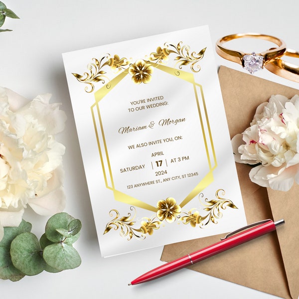 Gold Wedding Invite: Exquisite Wedding Invitation Template with Elegant Gold Accents for a Glamorous and Luxurious Wedding. Instant Download