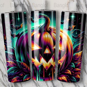 Halloween Digital Tumbler Design, Neon Pumpkin Sublimation, Bats Graphic, Spooky Season PNG, Tumbler Wrap Design, Instant Download