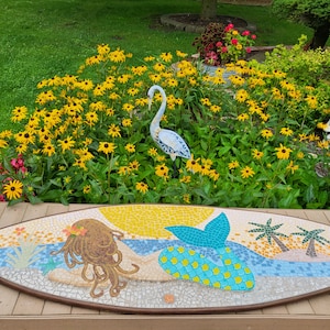 Mosaic Tile Surfboard Mermaid Star Fish Coral Palm Trees Ocean Sunset Sunrise Custom One of A Kind Handmade Sign Surfing 60x21 Inches
