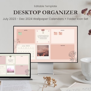 Boho Desktop Organizer Wallpaper (Juli 2023 - Dez 2024) mit Ordner Icons für Mac und Windows
