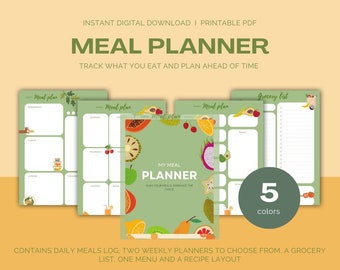 Op de afbeelding: Printbare maaltijdplanner met een groene achtergrond en kleurrijke fruit illustraties. De planner bevat een dagelijks maaltijdlogboek, twee weekplanners, een boodschappenlijst, een menu en een receptindeling. Hij is verkrijgbaar in vijf kleuren.