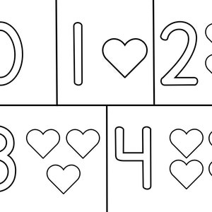Puede incluir: Ilustración en blanco y negro de los números del 0 al 4 con corazones al lado de cada número. El número de corazones al lado de cada número corresponde al número en sí.