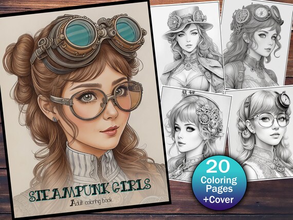 Steampunk Girls Coloring Book Adults, Printable Steampunk Coloring Page,  Grey Scale Adult Coloring Pages, Vintage Coloring 