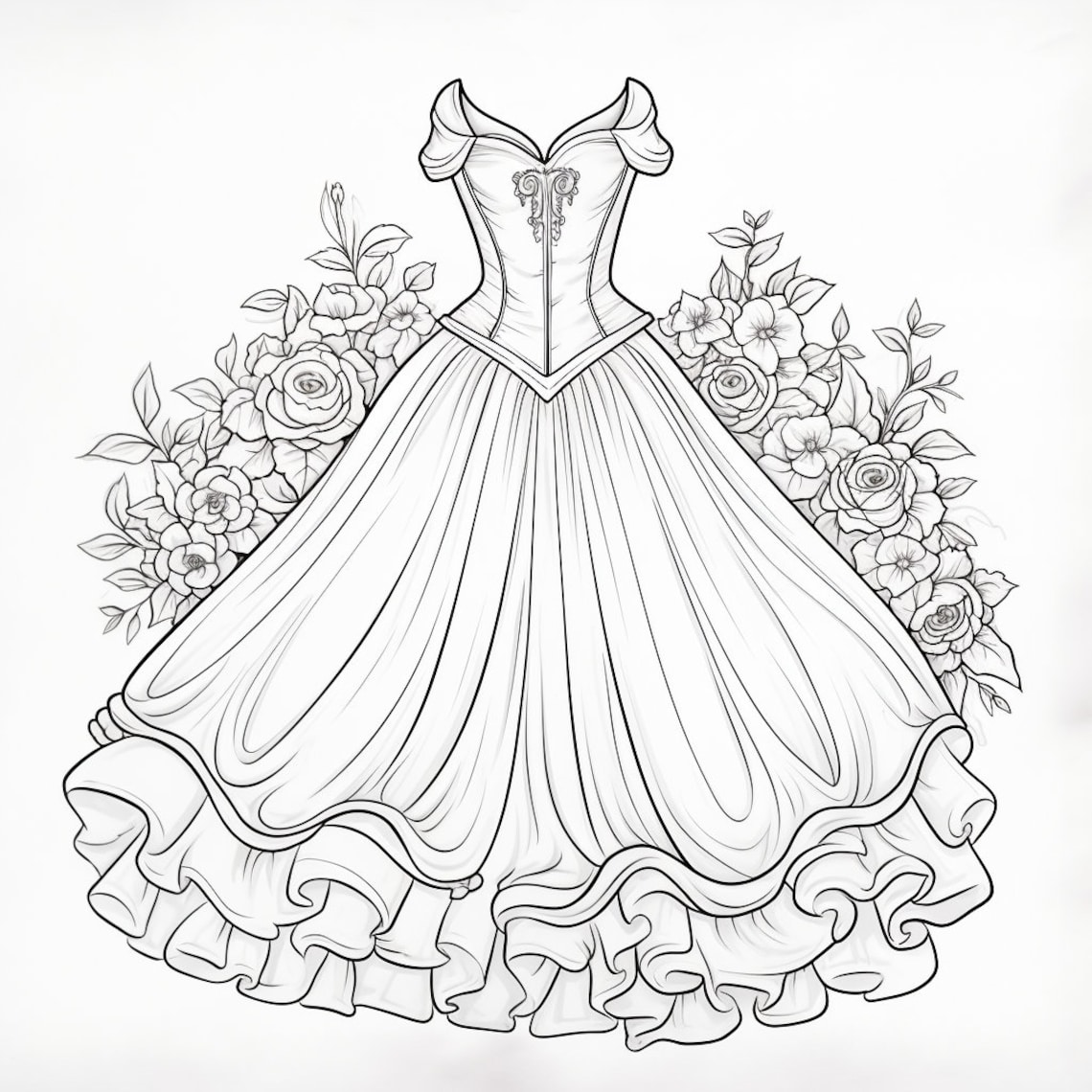 30 Pretty Dresses Coloring Book Pages, Coloring Pages for Kids and Adults, Grayscale, PDF ...