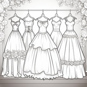 30 Pretty Dresses Coloring Book Pages, Coloring pages for kids and adults, Grayscale, PDF Printable, Digital download