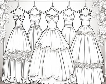 かわいいドレスの塗り絵：30ページのグレースケール（PDF印刷可能）