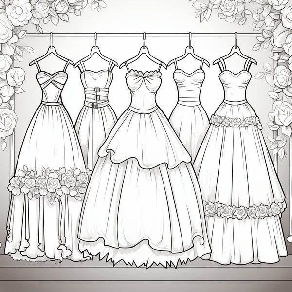 30 Pretty Dresses Coloring Book Pages, Coloring pages for kids and adults, Grayscale, PDF Printable, Digital download