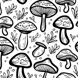 Może przedstawiać: Czarno-biała ilustracja grzybów i liści na białym tle. Grzyby są narysowane w szczegółowym stylu o różnych kształtach i rozmiarach.