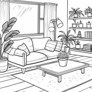 May include: A black and white line drawing of a living room interior with a sofa, coffee table, and plants. The sofa has cushions and a throw blanket. The coffee table has a potted plant on it. There are shelves with books and potted plants on the wall.