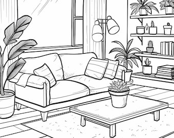 21 Aesthetic Room Coloring Book Pages, Coloring pages for kids and adults, Grayscale, PDF Printable, Digital download