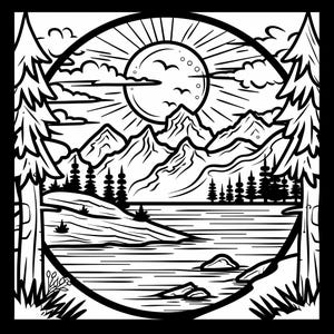 May include: Black and white line art illustration of a mountain landscape with a lake, trees, and a sun in the sky.