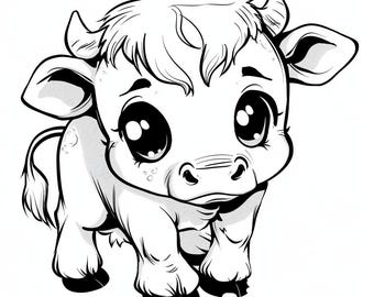 May include: A black and white illustration of a cartoon calf with large, expressive eyes. The calf has small horns, large ears, and a fluffy patch of hair on its head. The calf is standing and facing forward.