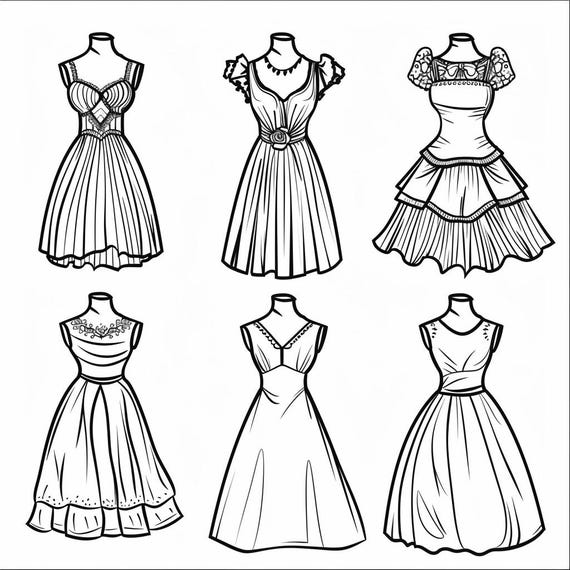 Fashion Dress Coloring Pages: 62 Designs for Adults & Kids (PDF Printable)  - Etsy