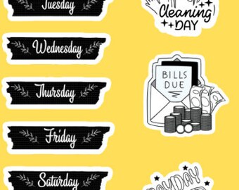 Black and White Planner Stickers: 34 PNGs, Printable PDF (Digital Download)
