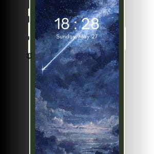 Pode incluir: Smartphone exibindo um papel de parede com tema celestial. A tela mostra um céu estrelado com uma estrela cadente, nuvens e a hora 18:28. A data, domingo, 27 de maio, também é visível. O telefone tem uma borda verde.