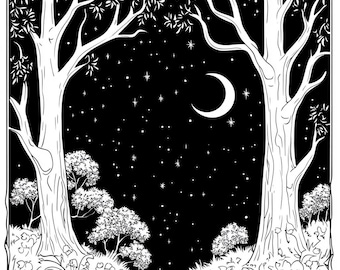 Enchanted Forest Coloring Pages: Grayscale Illustrations (PDF Printable)