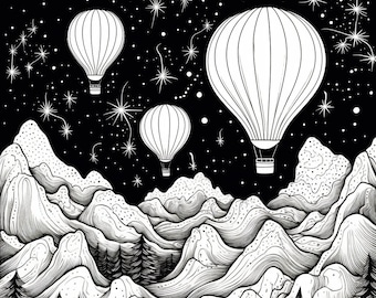 Libro para colorear de globos aerostáticos: 30 páginas en escala de grises (PDF imprimible)