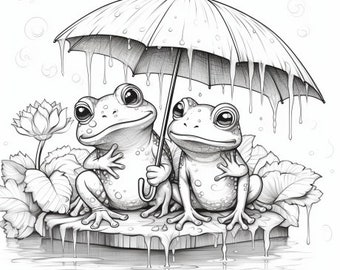 以下が含まれることがあります： 傘の下で岩の上に座っている2匹のカエル。傘から雨粒が落ちている。カエルは笑顔で大きな目をしている。背景にはスイレンがある。