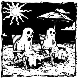 May include: Two ghosts relaxing in beach chairs under an umbrella on a beach. The ghosts are white and have a spooky expression on their faces.