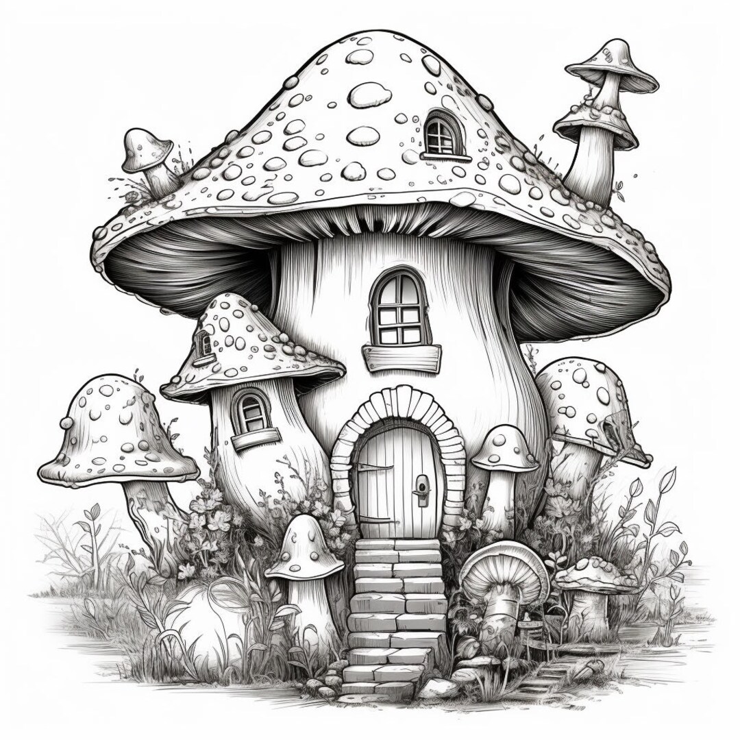 25 Mushroom House Coloring Book Pages for Kids and Adults, PDF ...