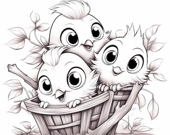 20 Baby Birds Coloring Book Pages, Coloring pages for kids and adults, Grayscale, PDF Printable, Digital download
