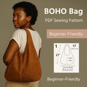 Puede incluir: Una mujer lleva un bolso Boho marrón. El bolso mide 53,3 cm de ancho plegado y 49,2 cm de alto. La imagen incluye un diagrama y el texto "BOHO Bag PDF Sewing Pattern" y "Beginner-Friendly".