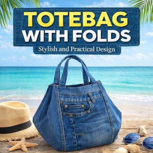 May include: A blue denim tote bag with folds, featuring a stylish and practical design. The bag has two handles and pockets, and is set against a beach backdrop with a straw hat and sunglasses.