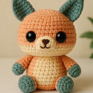 May include: A handmade crochet fox toy in shades of orange, cream, and teal. The fox has large black eyes, a cream-colored muzzle, and teal ears and paws. The toy is sitting upright, showcasing its round body and detailed stitching.