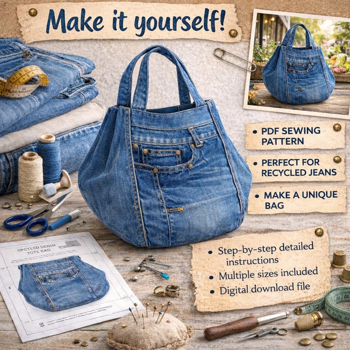Denim Tote Bag Pattern | Upcycled Jeans Tote Pattern PDF | Recycled ...