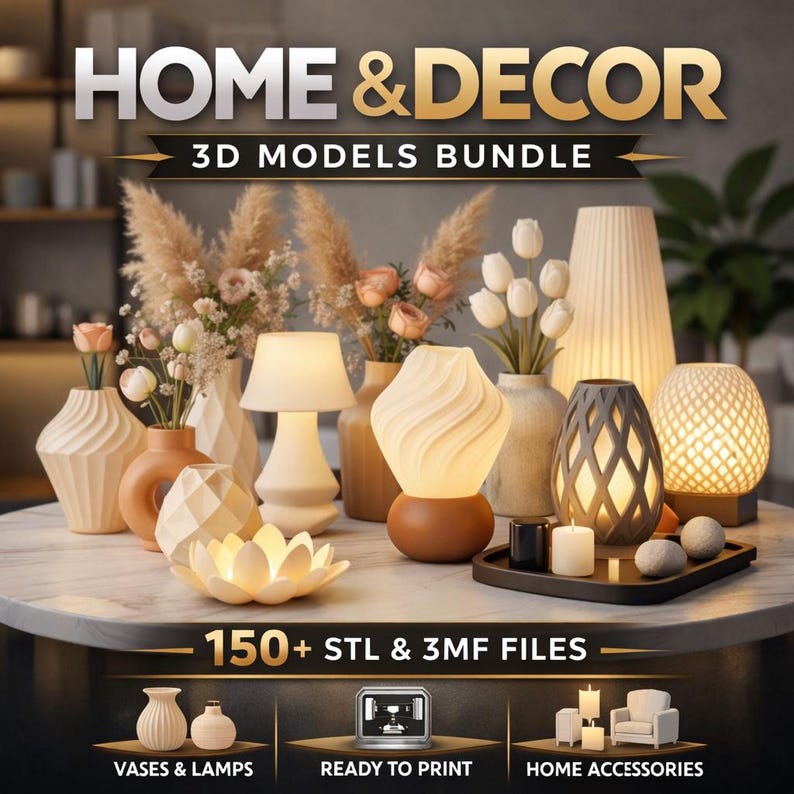 Paquete de Modelos 3D Home & Decor – Más de 150 Archivos STL y 3MF de Jarrones, Lámparas y Decoración