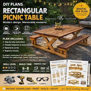 Puede incluir: Planes de bricolaje para una mesa de picnic rectangular. La mesa de madera con bancos integrados mide 178 cm de largo. Los planos incluyen instrucciones paso a paso, diagramas y una lista de materiales. Nivel de habilidad: principiante.