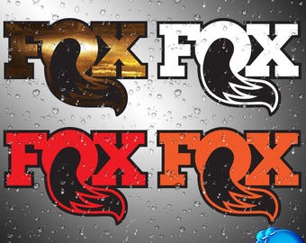 May include: Four different FOX logo designs. The top left logo has a sunset design, the top right is white with a black tail, the bottom left is red, and the bottom right is orange. The logos have a black tail design.