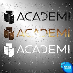 May include: Three versions of a decal with the word "ACADEMI" and a stylized logo of two overlapping squares. The decals are shown on a background of water droplets. The decals are black, gold, and white.