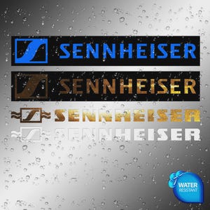 May include: Four Sennheiser logos in blue, gold, and white are displayed against a wet, grey background with water droplets. Each logo has a distinct design. A blue water-resistant badge is in the bottom right.