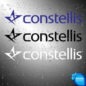 May include: The image features the word "constellis" in three different color schemes: blue, black, and white. Each word is accompanied by a star-like logo. The background is a gradient gray with water droplets. A blue water-resistant badge is in the bottom right.